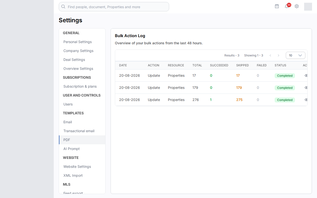 De pagina Bulk Action Log met per bulk-actie de datum, de actie, het aantal en de status