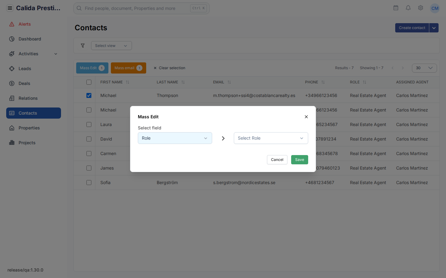 Het venster Mass Edit met Select field op Role en een tweede keuzelijst Select Role
