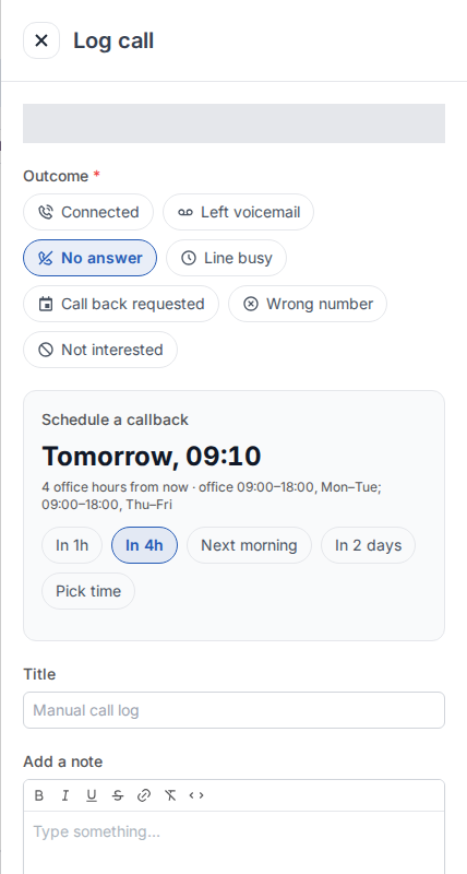 Het paneel Schedule a callback met een voorgesteld tijdstip en de knoppen In 1h, In 4h, Next morning, In 2 days en Pick time