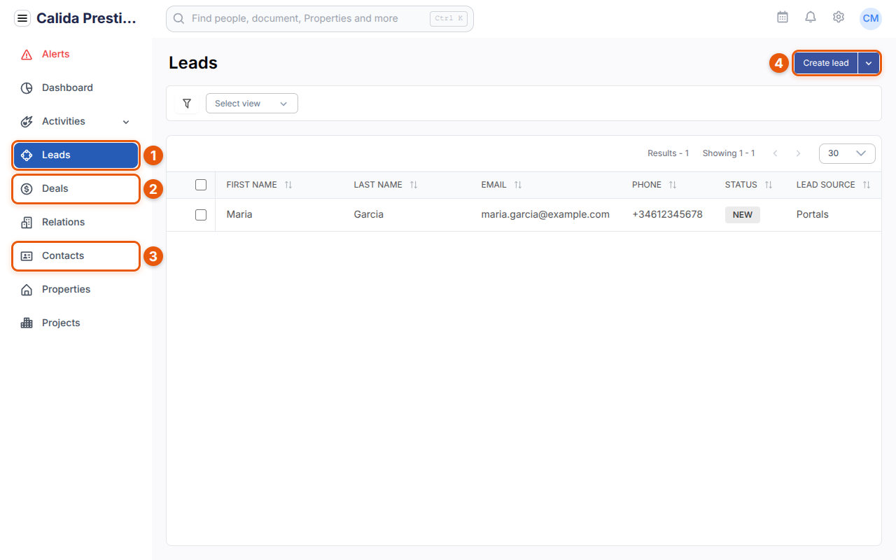 Het menu van Tesoro met Leads, Deals en Contacts gemarkeerd, en de knop Create lead