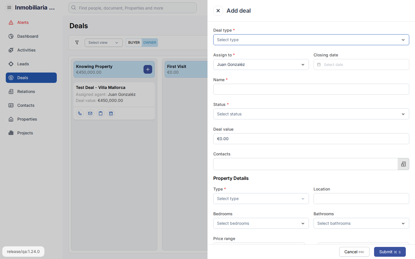 Het formulier voor het aanmaken van een deal in Tesoro CRM