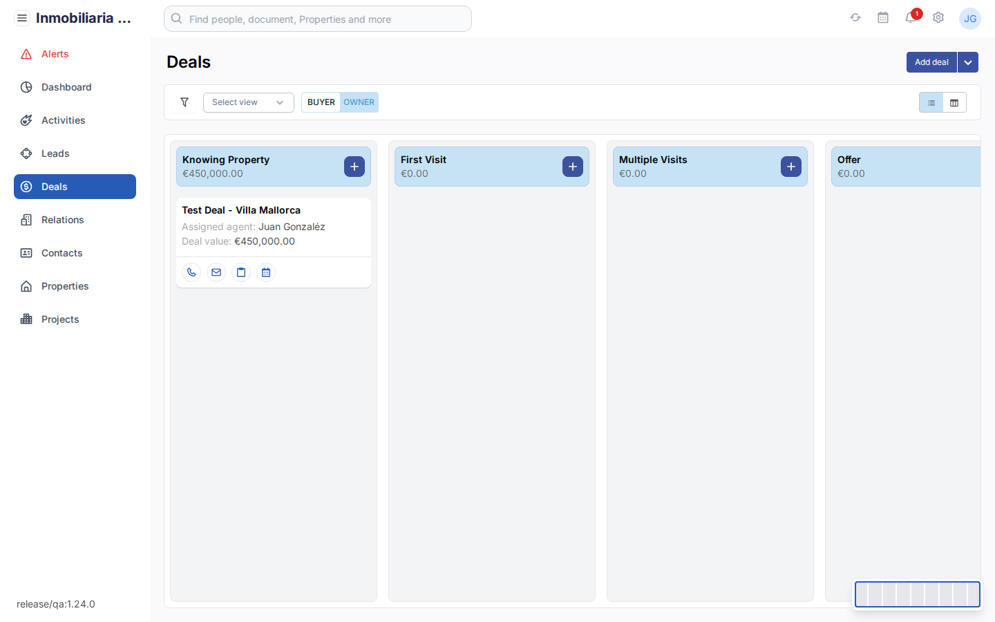 De kanban-weergave van de deals pipeline in Tesoro CRM