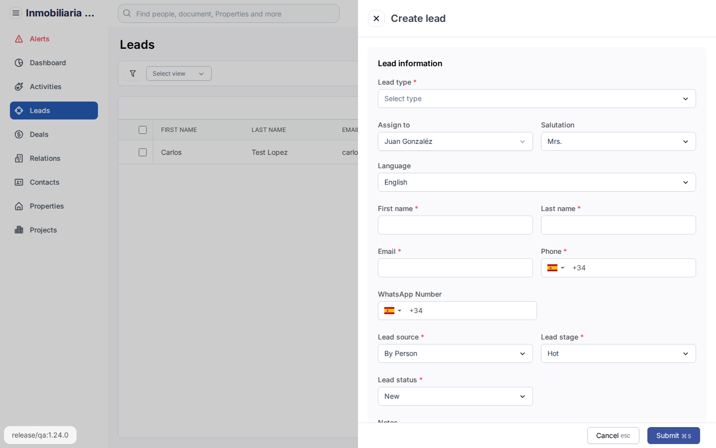 Het formulier voor het aanmaken van een lead in Tesoro CRM