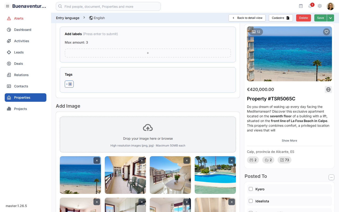 Property edit-pagina met Add Image-sectie zichtbaar. Drop-zone tekst 'Drop your images here or browse', daaronder thumbnails van bestaande foto's.