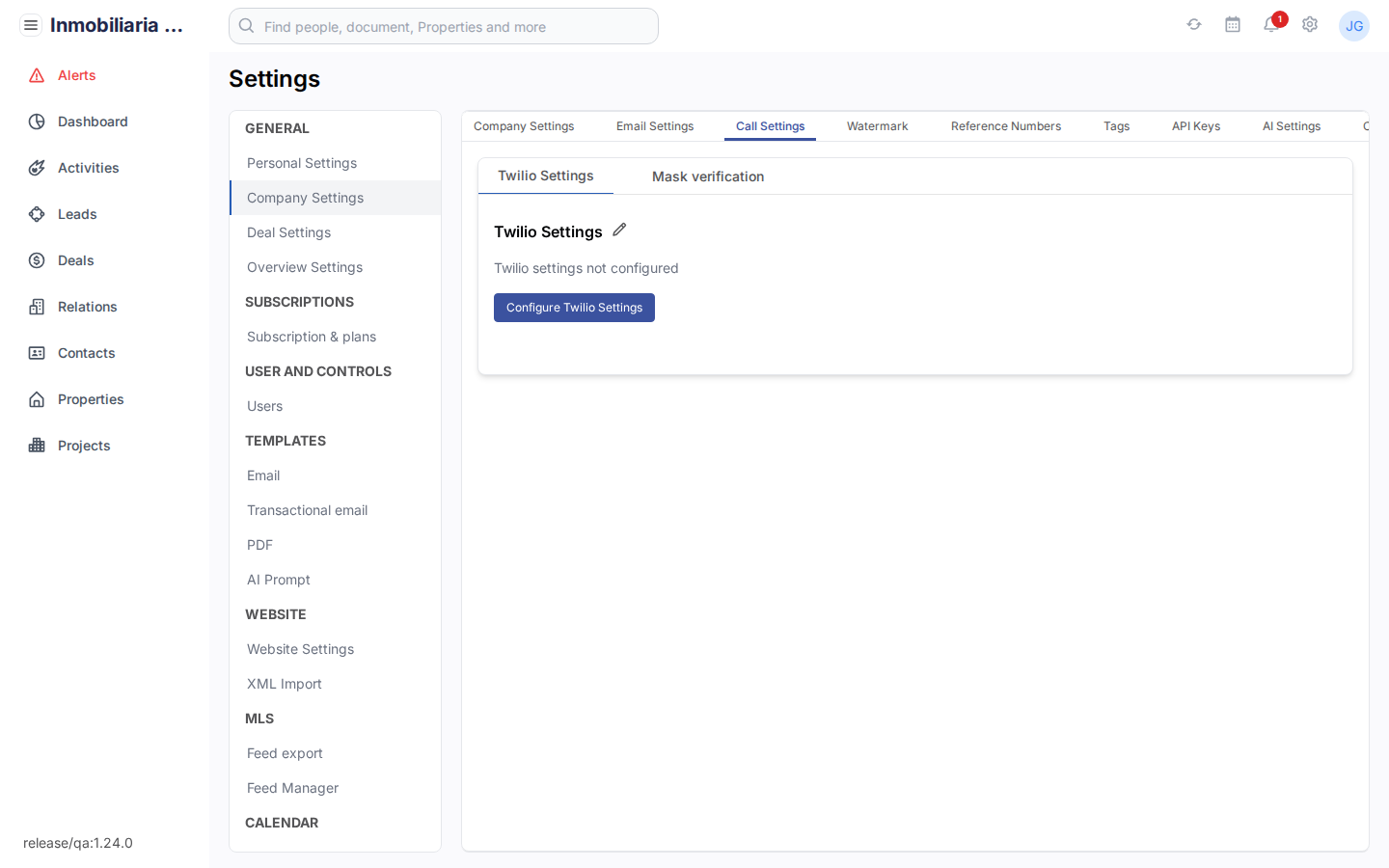 Belinstellingen in Tesoro CRM