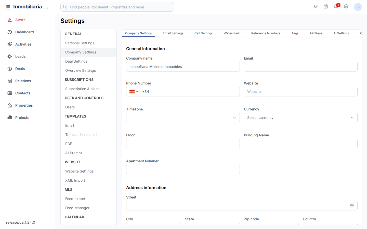 Bedrijfsinstellingen in Tesoro CRM