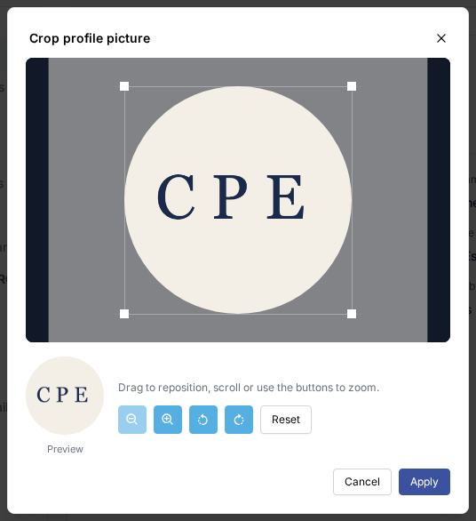 Venster Crop profile picture met een vierkant bijsnijkader over een logo, links een ronde Preview, knoppen voor inzoomen, uitzoomen, links en rechts draaien, Reset, en onderaan Cancel en Apply.