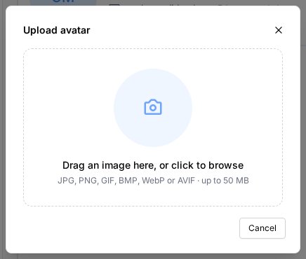 Venster Upload avatar met een ronde uploadzone, de tekst Drag an image here, or click to browse en daaronder JPG, PNG, GIF, BMP, WebP or AVIF · up to 50 MB.