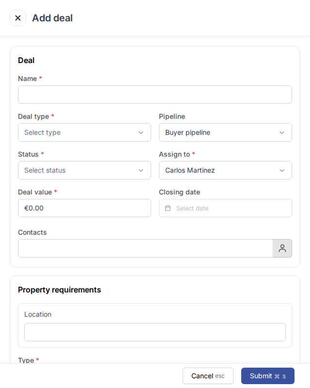 Add deal zijpaneel met de velden Name, Deal type, Pipeline, Status, Assign to, Deal value, Closing date en Contacts, en daaronder Property requirements