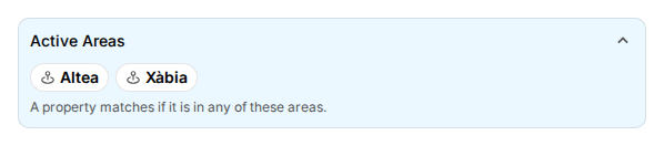 Het blok Active areas met de gekozen gebieden en de uitleg dat een woning past als ze in een van deze gebieden ligt