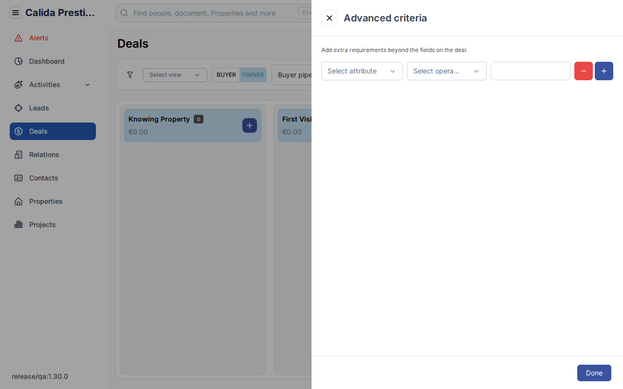 Het venster Advanced criteria met een lege regel: Select attribute, Select operator en een waardeveld.