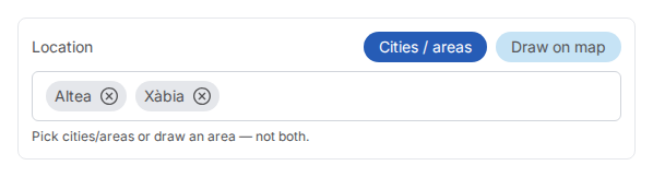 Het veld Location in een Buy-deal met de knoppen Cities / areas en Draw on map. Gekozen zijn Altea en Xàbia.