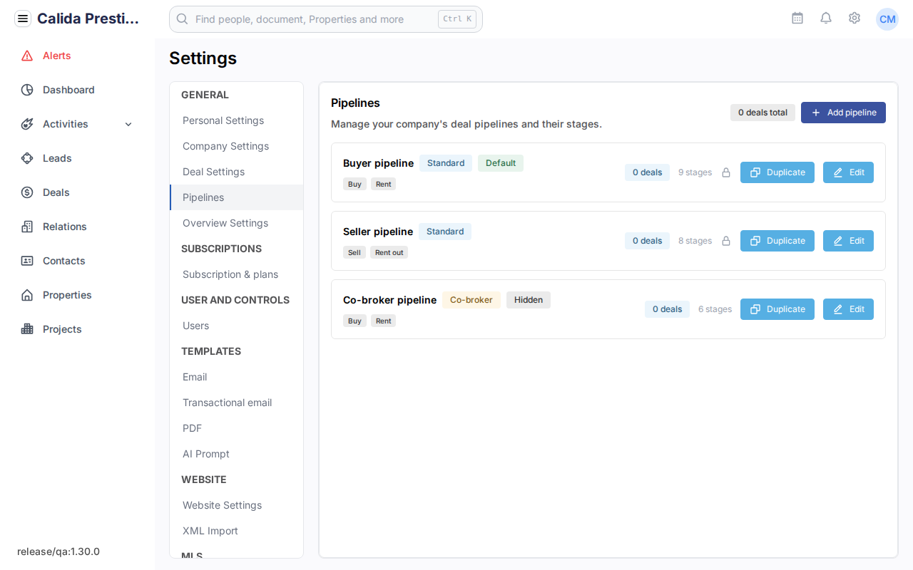 Settings > Pipelines met Buyer pipeline, Seller pipeline en Co-broker pipeline