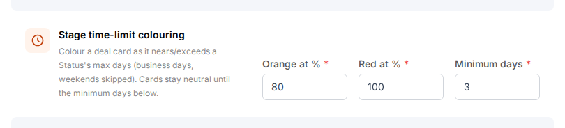 Het blok Stage time-limit colouring met de velden Orange at % (80), Red at % (100) en Minimum days (3)