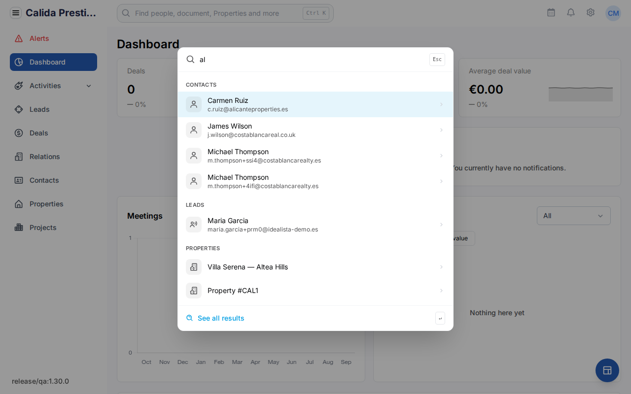 Zoekpop-up midden op het scherm met de zoekterm al. Resultaten gegroepeerd onder CONTACTS, LEADS en PROPERTIES, met onderaan de regel See all results.