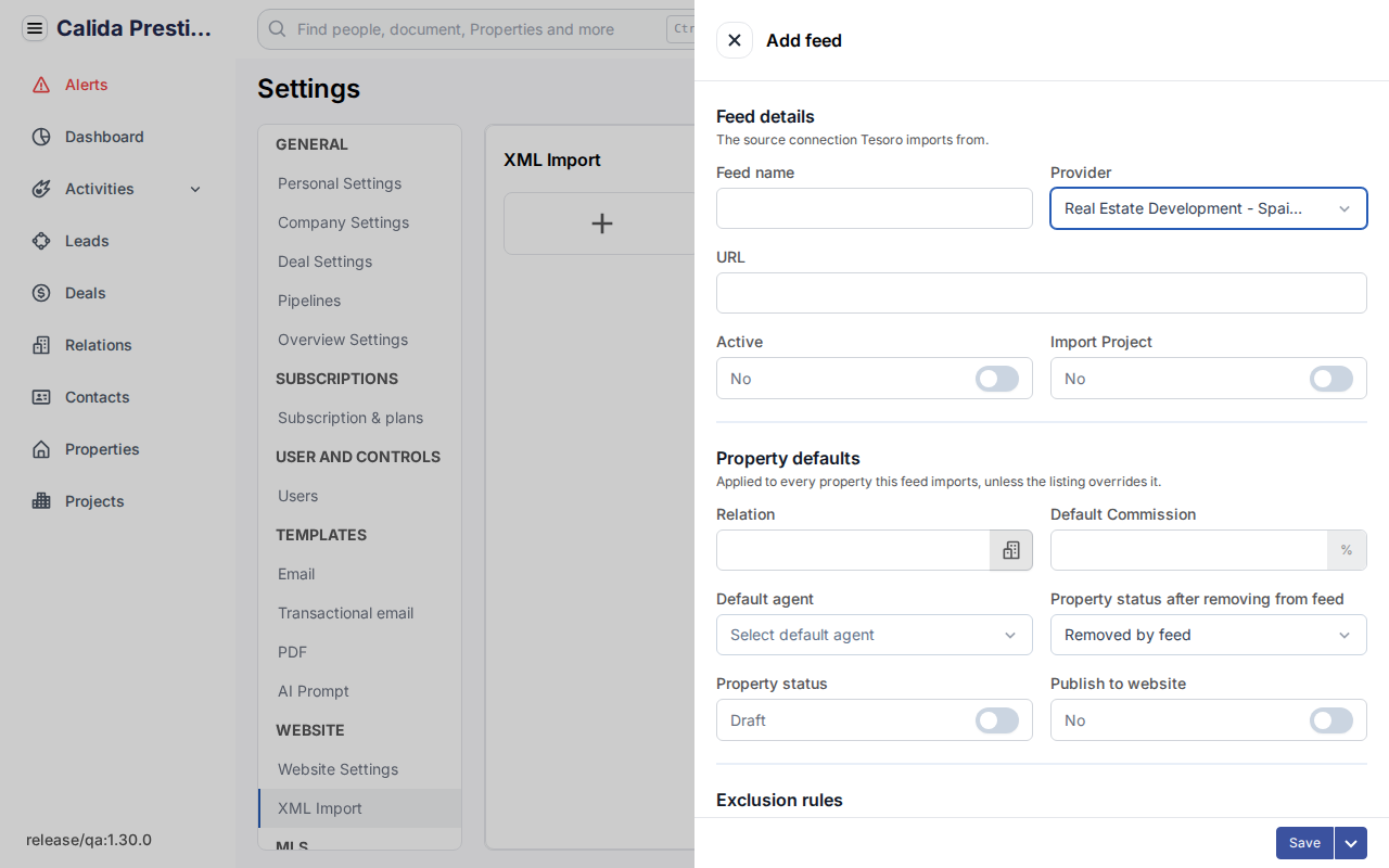 Het venster Add feed met de blokken Feed details en Property defaults. Bij de provider RedSP-V4 staat de schakelaar Import Project.