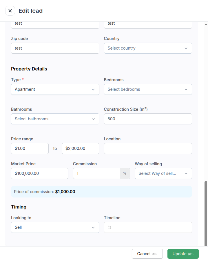 Het blok Property Details in een verkoperlead met Construction Size, Market Price, Commission, Way of selling en de regel Price of commission