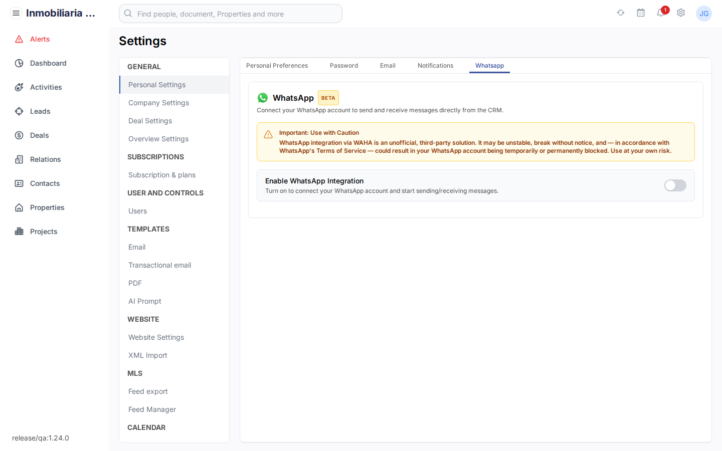 De WhatsApp-instellingen in Tesoro CRM